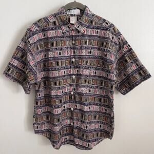 Vtg Columbia Short Sleeve Fish Pine All Over Aztec Print Button Shirt Size M